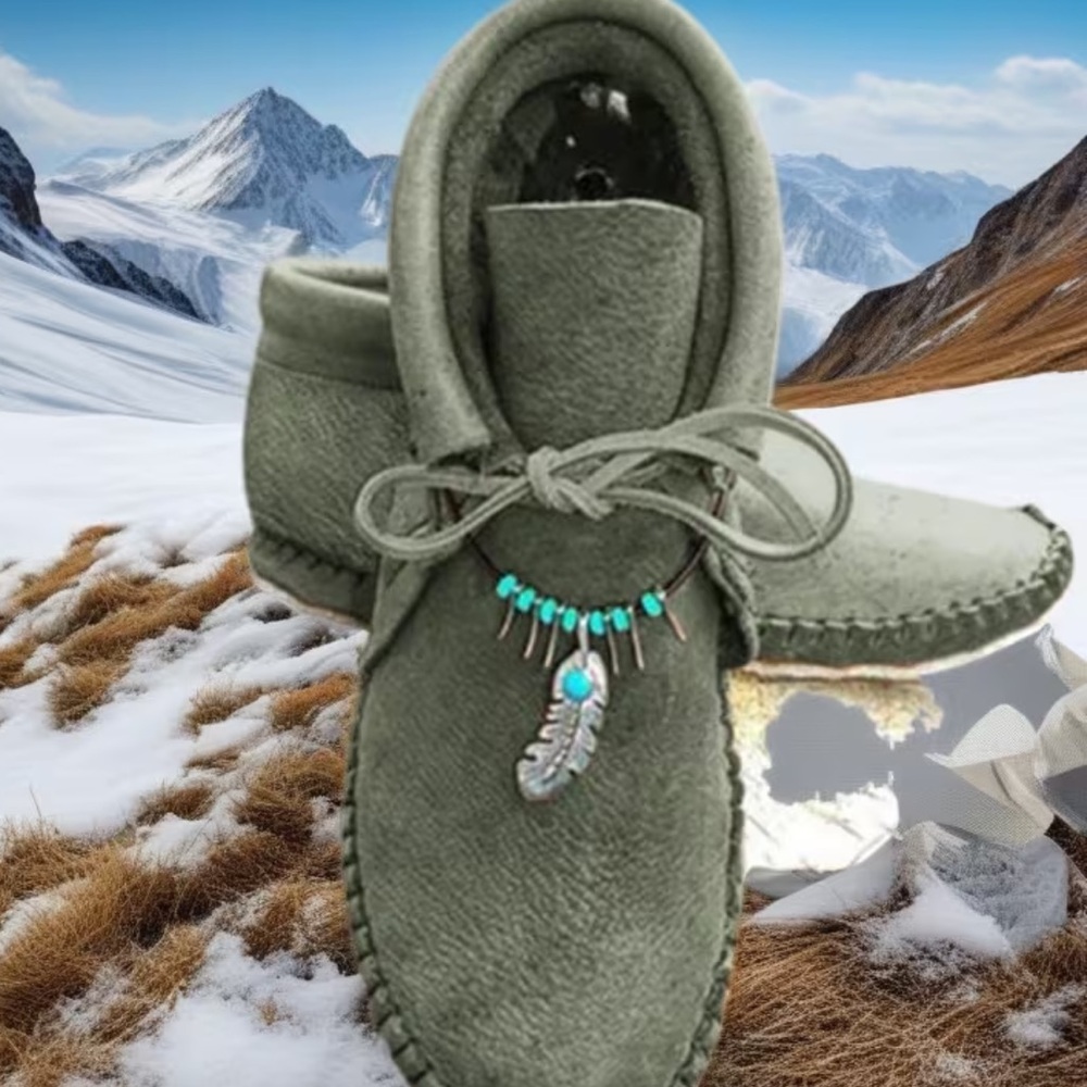 Green Moccasin Boots with Feather Charm